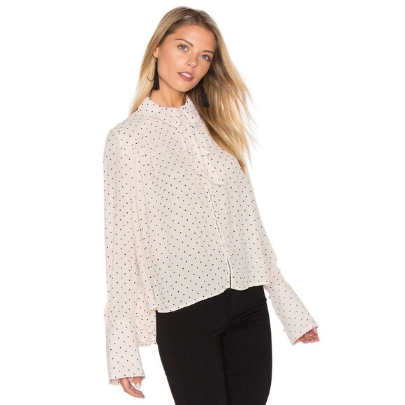 Free People Kennedy Blouse Size XS Pink Polka Dot Oversized Bow Missing Tie - Picture 2 of 11